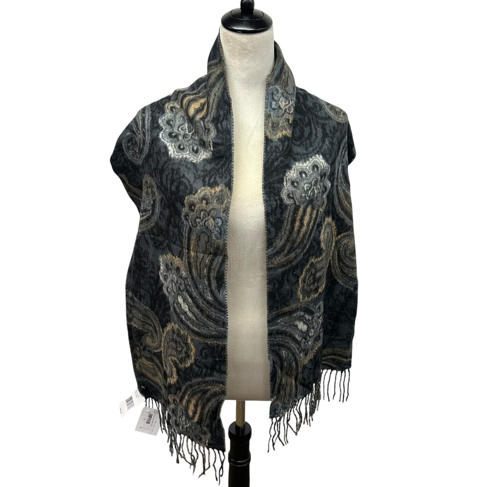 Fraas Cashmink Paisley Fringe Scarf Wrap Shawl Black Gray NWT Soft Winter